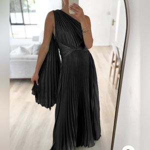 Black Pleaded Satin Maxi Wedding Guest Dress One Shoulder